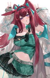 1girl absurdres animal_ears arknights belt black_gloves black_skirt breasts collarbone fingerless_gloves gloves green_hairband green_shirt grey_belt hairband highres jacket kajuu large_breasts long_hair long_sleeves looking_at_viewer midriff miniskirt navel official_alternate_costume open_clothes open_jacket open_mouth pleated_skirt purple_eyes rabbit_ears rabbit_girl ray_(arknights) ray_(dreaming_high)_(arknights) shirt skirt solo very_long_hair white_jacket