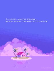 blue_sky cloud dragon_ball dragonball_z english_text floating_island highres horizon house kame_house no_humans onlypixeeels outdoors palm_tree pink_water pixel_art reflection reflective_water scenery sky tree