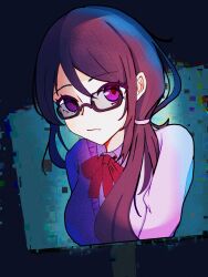 1girl black_hair bow cardigan closed_mouth glasses glitch highres noge_tomoko persona persona_5 persona_5:_the_phantom_x pink_cardigan purple_eyes red_bow school_uniform shirt solo twintails user_xmuw4354