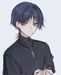 1boy black_shirt black_sleeves blunt_ends bright_pupils closed_mouth earrings eyeliner eyeshadow feathers genshin_impact gold grey_hair highres jewelry light_frown looking_at_viewer makeup male_focus multicolored_hair purple_eyes purple_hair red_eyeliner red_eyeshadow scaramouche_(genshin_impact) sgm618 shirt short_sleeves sketch solo streaked_hair tsurime turtleneck turtleneck_shirt twitter_username upper_body white_background white_pupils wispy_bangs