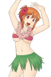 1girl :d arms_up artist_request bandeau breasts check_artist collarbone covered_erect_nipples cowboy_shot dog_tags fingernails flower flower_necklace futaba_channel grass_skirt hair_flower hair_ornament hibiscus hinemosu_notari jewelry kudoi large_breasts lei navel necklace nijiura_maids no_panties open_mouth orange_hair ponytail red_bandeau red_eyes red_flower short_hair simple_background smile solo standing third-party_source underboob white_background