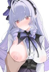 1girl absurdres ahoge blush bow breasts covered_erect_nipples drill_hair grabbing_another&#039;s_breast groping hair_bow haruka0814 heavy_breathing highres large_breasts long_hair looking_to_the_side mole mole_under_eye nose_blush one_breast_out pov pov_hands purple_hair red_eyes see-through_clothes see-through_shirt shirt simple_background sweat twin_drills vivian_banshee white_background zenless_zone_zero