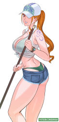 1girl armpit_crease bangle bare_legs bare_shoulders baseball_cap bikini bikini_under_clothes blue_shorts bracelet breasts brown_eyes cleavage collared_shirt commentary denim denim_shorts disguise earrings english_commentary feet_out_of_frame from_side gold_earrings green_bikini hat high_ponytail highleg highleg_bikini highres holding holding_mop janitor jewelry large_breasts log_pose long_hair looking_at_viewer marine_uniform_(one_piece) military_uniform mop nail_polish nami_(one_piece) narrow_waist one_piece orange_hair orange_nails paid_reward_available parted_lips patreon_username pearl_earrings pink_lips ponytail see-through_clothes see-through_shirt shirt short_shorts shorts shoulder_tattoo single_sidelock sleeveless sleeveless_shirt smile solo standing swimsuit tattoo thighs tied_shirt tight_clothes uukkaa wavy_hair white_background white_shirt