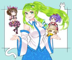 4girls alternate_costume alternate_hairstyle ascot bare_shoulders black_ascot black_bow blonde_hair blue_skirt blush border bow breasts brown_hair checkered_clothes checkered_skirt collarbone collared_shirt detached_sleeves double-parted_bangs flat_chest frog_hair_ornament geta green_eyes green_hair hair_intakes hair_ornament hair_ribbon hair_tubes hat himekaidou_hatate kochiya_sanae large_breasts long_hair long_sleeves looking_at_viewer moriya_suwako multiple_girls natsushiro o3o open_mouth patterned_clothing pink_shirt print_skirt purple_hair pyonta red_track_suit ribbon shirt simple_background single_hair_tube single_sidelock skirt sleeveless sleeveless_shirt snake_hair_ornament squinting teeth tengu-geta tokin_hat touhou track_suit two-tone_background very_long_hair wide_sleeves wing_collar yasaka_kanako yellow_track_suit