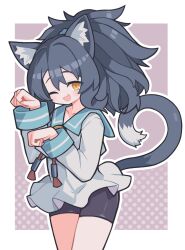 1girl ;d animal_ear_fluff animal_ears bike_shorts black_hair blue_sailor_collar blush border brown_background cat_ears cat_girl cat_tail commentary cowboy_shot disgaea fangs hands_up highres long_sleeves looking_at_viewer medium_hair one_eye_closed open_mouth outline outside_border paw_pose ponytail rutile_(disgaea) sailor_collar shirt skin_fangs smile solo suaman tail white_border white_outline white_shirt yellow_eyes