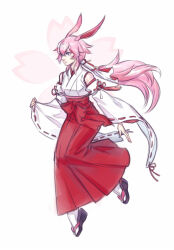 1girl animal_ears bare_shoulders closed_mouth commentary detached_sleeves english_commentary fox_ears full_body hakama honkai_(series) honkai_impact_3rd japanese_clothes kimono kutty-sark long_hair miko okobo pink_hair platform_sandals ponytail purple_eyes red_hakama sandals short_kimono simple_background solo tabi white_background white_kimono white_sleeves wide_sleeves yae_sakura