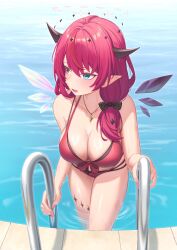 1girl asymmetrical_wings bikini black_bow black_horns blue_eyes bow breasts cleavage commentary crystal_wings double_halo front-tie_bikini_top front-tie_top hair_between_eyes hair_bow hair_over_shoulder halo halterneck heterochromia highres hololive hololive_english holonatsu_paradise horns irys_(hololive) irys_(holonatsu_paradise)_(hololive) jewelry large_breasts layered_bikini long_hair looking_to_the_side low_ponytail mismatched_wings necklace open_mouth pendant ponytail pool purple_eyes purple_hair red_bikini red_hair resu_desu solo star_halo string_bikini swimsuit symbol-only_commentary virtual_youtuber wading wet wings