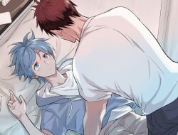 2boys arm_up bed black_pants blue_eyes blue_hair blue_hoodie commentary_request crew_neck drawstring gami_zm hair_between_eyes hood hood_down hoodie kagami_taiga kuroko_no_basuke kuroko_tetsuya light_blue_hair looking_up lying male_focus multiple_boys on_back on_bed pants pillow red_hair shirt short_hair short_sleeves t-shirt two-sided_hoodie white_pants white_shirt yaoi