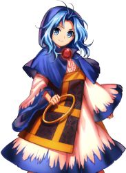 1girl blue_eyes blue_hair dress female_focus harukawa_moe holding hood hoop jewelry kesa kumoi_ichirin long_sleeves looking_at_viewer matching_hair/eyes necklace official_art pendant smile solo touhou transparent_background urban_legend_in_limbo wide_sleeves