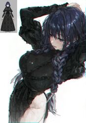 Rule 34 | 1girl, absurdres, arms behind head, black dress, blue eyes, blue hair, braid, breasts, dress, dutch angle, from side, groin, highres, hololive, hololive english, juliet sleeves, k at ie (hxk82), large breasts, light blush, long dress, long hair, long sleeves, looking ahead, low twin braids, maid, open mouth, ouro kronii, ouro kronii (maid), puffy sleeves, reference inset, side slit, simple background, solo, twin braids, virtual youtuber, white background, wispy bangs