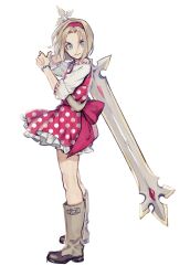 1boy aqua_eyes bead_bracelet bead_necklace beads boots bow bracelet brown_boots brown_hair closed_mouth commentary_request cosplay crossdressing dragon_quest dragon_quest_xi dress floating_hair gem hairband hand_tattoo hero_(dq11) highres holding holding_sword holding_weapon jewelry looking_to_the_side male_focus necklace parted_hair polka_dot polka_dot_dress red_bow red_dress red_gemstone red_hairband senya_(dq11) senya_(dq11)_(cosplay) shirt shirt_under_dress short_hair smile sword tattoo vze6277 waist_bow weapon white_background white_shirt