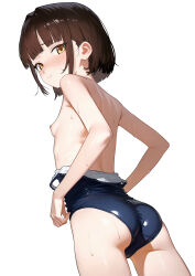 1girl absurdres ass blue_one-piece_swimsuit breasts brown_eyes brown_hair closed_mouth clothes_pull commentary_request cowboy_shot eco_376124 from_behind highres huge_filesize loli looking_at_viewer looking_back nipples one-piece_swimsuit one-piece_swimsuit_pull original school_swimsuit short_hair simple_background small_breasts solo standing sweat swimsuit white_background