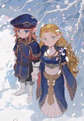 1boy 1girl aqua_eyes beret blue_eyes blue_hat blue_jacket boots breasts cherry_blossoms commentary dress earrings falling_petals from_above full_body gem gold_trim hat highres holding_hands jacket jewelry light_blush link long_dress long_hair medium_breasts medium_hair military_hat military_jacket military_uniform nintendo petals pointy_ears princess_zelda red_gemstone royal_guard_set_(zelda) shanzer snow swept_bangs symbol-only_commentary the_legend_of_zelda the_legend_of_zelda:_tears_of_the_kingdom tiara white_boots wide_sleeves