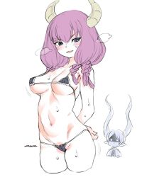 Rule 34 | 2girls, arms behind back, aura (sousou no frieren), bikini, blue eyes, blush, braid, breasts, cleavage, collarbone, demon girl, demon horns, elf, frieren, groin, hair between eyes, highres, horns, large breasts, long hair, looking at viewer, mdoh02, micro bikini, mudou eichi, multiple braids, multiple girls, navel, pink hair, pointy ears, simple background, sousou no frieren, stomach, swimsuit, thighs, twin braids, twintails, underboob, white background, white hair