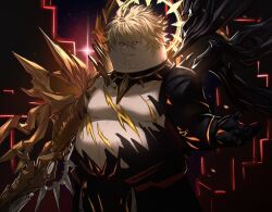 1boy armor blonde_hair cleft_chin family_guy fat fat_man halo holding holding_sword holding_weapon honkai:_star_rail honkai_(series) kowai_(iamkowai) looking_at_viewer male_focus peter_griffin phainon_(honkai:_star_rail) short_hair shoulder_armor solo sword weapon yellow_eyes yellow_halo
