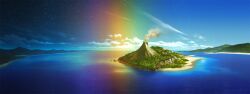 beach cloud day island mocha_(cotton) mountain night night_sky no_humans ocean original outdoors rainbow scenery sky smoke split_theme star_(sky) starry_sky volcano water