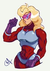 Rule 34 | 1girl, blonde hair, blue eyes, bodysuit, collarbone, covered navel, cowboy shot, cropped legs, f-zero, gloves, lipstick, long hair, makeup, mrs. arrow, muscular, muscular female, nintendo, noximation, purple lips, solo, sunglasses