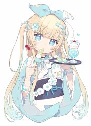 1girl aqua_eyes aqua_hair blonde_hair bow cherry_earrings chon_(chon33v) cropped_torso dango drink earrings eating food food-themed_earrings food_themed_earrings gauze_on_arm gradient_hair hair_bow hair_ornament head_tilt highres holding holding_tray japanese_clothes jewelry kimono long_hair multicolored_hair obi original sanshoku_dango sash simple_background solo star-shaped_pupils star_(symbol) stuffed_animal stuffed_rabbit stuffed_toy symbol-shaped_pupils tray twintails wagashi white_background