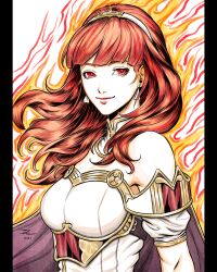 1girl armor armpits breastplate breasts cape celica_(fire_emblem) choker dress earrings fire fire_emblem fire_emblem_echoes:_shadows_of_valentia jewelry karn_kirk_ratanasin long_hair medium_breasts nintendo orange_hair princess red_eyes red_hair solo tiara white_armor white_dress