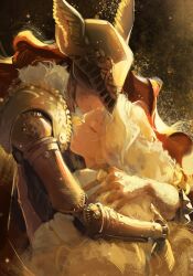 1boy 1girl affectionate blonde_hair brother_and_sister brown_background closed_eyes covered_eyes elden_ring faux_traditional_media from_side helmet helmet_over_eyes highres hug long_hair malenia_blade_of_miquella mechanical_arms miquella_(elden_ring) mutual_hug prosthesis prosthetic_arm red_hair shizimutouxie siblings single_mechanical_arm smile upper_body wavy_hair winged_helmet