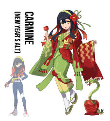 1girl 2024 absurdres carmine_(pokemon) chinese_zodiac closed_mouth colored_inner_hair crossed_bangs expressionless eyelashes flip-flops highres hydrapple japanese_clothes kimono long_hair mole mole_under_eye multicolored_hair nintendo obi official_style pokemon pokemon_(creature) pokemon_sv rhymewithray sandals sash scale_print socks white_socks wide_sleeves year_of_the_dragon zouri