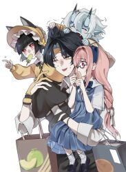 1boy 3girls aged_down animal_ears asaba_harumasa blue_skin blunt_bangs carrying carrying_person colored_skin eating fang fox_ears fox_girl highres horns hoshimi_miyabi long_hair looking_ahead multiple_girls nangwhid oni open_mouth parted_bangs pink_eyes pink_hair red_eyes short_hair simple_background soukaku_(zenless_zone_zero) tsukishiro_yanagi white_background white_hair yellow_eyes zenless_zone_zero