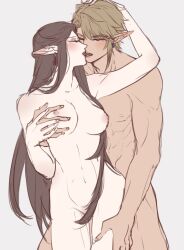 1boy 1girl blonde_hair breasts brown_hair closed_eyes collarbone commentary completely_nude couple english_commentary grabbing_another&#039;s_breast grabbing_from_behind groping hair_censor hand_on_another&#039;s_thigh hetero kiss kurokawa_karasu link long_hair muscular muscular_male navel nintendo nipples nude pale_skin pointy_ears princess_zelda short_hair the_legend_of_zelda the_legend_of_zelda:_twilight_princess