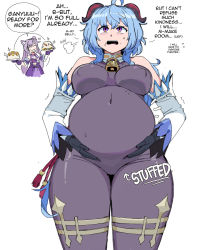 2girls belly blue_hair breasts burp covered_navel full_stomach ganyu_(genshin_impact) genshin_impact highres keqing_(genshin_impact) large_breasts multiple_girls noodlemage plump stomach_bulge tagme