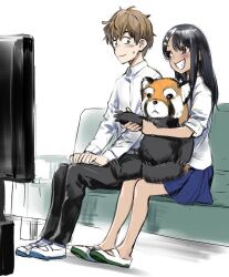 1boy 1girl 774_(nanashi) :d black_hair black_pants blue_skirt brown_eyes brown_hair closed_mouth collared_shirt couch full_body grin hachiouji_naoto ijiranaide_nagatoro-san long_hair long_sleeves looking_at_another nagatoro_hayase official_art open_mouth pants pleated_skirt shirt short_hair simple_background sitting skirt smile stuffed_animal stuffed_toy tan teeth television white_background white_shirt