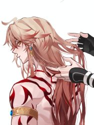 2boys arm_tattoo armlet back_tattoo black_gloves blonde_hair commentary deeznut19205268 english_commentary fingerless_gloves gloves gradient_hair hair_between_eyes highres honkai:_star_rail honkai_(series) jewelry long_hair male_focus multicolored_hair multiple_boys mydei_(honkai:_star_rail) phainon_(honkai:_star_rail) playing_with_another&#039;s_hair red_hair red_tattoo simple_background single_glove solo_focus tattoo topless_male white_background yellow_eyes