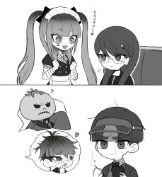 2boys 3girls a_berrypop alternate_costume amemiya_darumi apron bandaged_arm bandages black_bow black_hair bow earrings eyepatch glasses green_mask hands_up highres jewelry long_sleeves looking_at_another maid maid_apron maid_headdress maruko_gaku mask mask_on_head monochrome multicolored_hair multiple_boys multiple_girls multiple_views omokage_yugamu oosuzuki_kurara open_mouth shizuhara_hiruko short_hair sitting tomato twintails upper_body white_background
