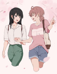Rule 34 | 2girls, :d, ahoge, bag, black hair, blue shorts, blush, cherry blossoms, closed eyes, clothes writing, collared shirt, commentary, cropped legs, denim, denim shorts, dress shirt, falling petals, green pants, hand up, highres, holding hands, koito yuu, lie lack1080, long hair, looking at another, multiple girls, nanami touko, open mouth, pants, petals, pink background, pink eyes, pink hair, pink petals, pink shirt, pointing, print shirt, profile, shirt, shirt tucked in, short hair, short sleeves, shorts, shoulder bag, smile, standing, walking, white shirt, yagate kimi ni naru, yuri