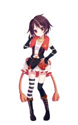 1girl bandou_mikuru belt black_boots black_gloves black_thighhighs black_vest blonde_streaks blush boots brown_hair closed_mouth detached_collar dot_nose elbow_gloves fingerless_gloves full_body fur-trimmed_vest fur_trim gloves hand_on_own_hip hand_up head_tilt highres idol idol_clothes index_finger_raised izumi_tsubasu looking_at_viewer mismatched_thighhighs multicolored_hair official_art platform_boots re:stage! red_eyes red_trim rope sarashi shimenawa short_hair simple_background skirt smile solo star_(symbol) streaked_hair striped_clothes striped_thighhighs tachi-e thighhighs transparent_background two-tone_thighhighs vest white_belt white_skirt white_thighhighs