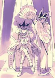 2boys atem black_hair bright_pupils cape closed_mouth commentary_request crossed_legs colored_bangs fushitasu hand_fan holding holding_fan indoors jewelry looking_up male_focus millennium_puzzle multicolored_hair multiple_boys muto_yugi robe shoes sitting spiked_hair standing throne yu-gi-oh! yu-gi-oh!_duel_monsters