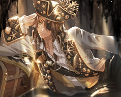 1boy braid brown_hair coat commentary_request cowboy_shot dark-skinned_male dark_skin eyepatch frilled_sleeves frills green_eyes grey_coat hat head_rest leona_kingscholar light_rays long_hair looking_at_viewer male_focus pirate pirate_hat solo sunbeam sunlight treasure_chest twin_braids twisted_wonderland vest yellow_vest yuuki_(yukko7474)