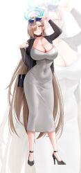 1girl absurdres adjusting_eyewear alternate_costume asuna_(blue_archive) bag black_bag black_choker black_shoes blue-tinted_eyewear blue_archive blue_eyes blue_halo blush breasts brown_hair choker cleavage collarbone commentary_request covered_navel dongtan_dress dress full_body grey_dress hair_over_one_eye halo hands_up hezzu_0 high_heels highres large_breasts long_hair looking_at_viewer pencil_dress round_eyewear shoes shoulder_bag standing tinted_eyewear very_long_hair white_background zoom_layer
