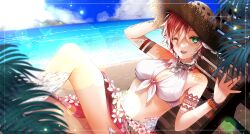 1girl absurdres au_ra bare_shoulders beach bikini bracelet dragon_girl dragon_horns final_fantasy final_fantasy_xiv fliz_ts front-tie_bikini_top front-tie_top green_eyes hat highres horns jewelry looking_at_viewer navel necklace one_eye_closed red_hair red_nails red_sarong sarong scales short_hair solo stomach sun_hat swimsuit twitter_username warrior_of_light_(ff14) white_bikini