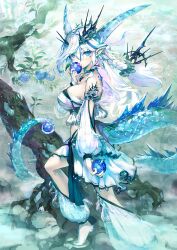 1girl bandeau bare_shoulders blue_eyes blue_scales breasts bridal_gauntlets clothing_cutout detached_sleeves dragon_girl dragon_horns dragon_tail fog food fruit gloves hair_ornament highres holding holding_food holding_fruit horns jewelry large_breasts long_hair looking_at_viewer necklace original pi_(p77777778) scales skirt sleeveless solo tail tail_through_clothes tooth_necklace tree white_bandeau white_gloves white_hair white_skirt white_sleeves
