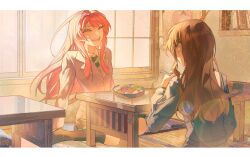 2girls bang_dream! bang_dream!_it&#039;s_mygo!!!!! blue_shirt brown_hair cang_(akaga204) chihaya_anon chinese_commentary closed_eyes commentary_request eating fang food green_eyes green_skirt green_socks grey_hair highres indoors kneehighs letterboxed long_hair multiple_girls nagasaki_soyo no_shoes open_mouth pink_hair shirt sidelocks sitting skirt socks teeth watermark weibo_watermark