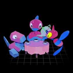 black_background commentary creatures_(company) cup english_commentary evolutionary_line game_freak gen_1_pokemon gen_2_pokemon gen_4_pokemon highres huo_jian nintendo no_humans pokemon pokemon_(creature) porygon porygon-z porygon2 simple_background table teacup teapot xyz_axis