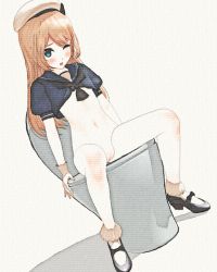 1girl 3d artist_request blonde_hair blush bottomless breasts brown_hair flat_chest loli school_uniform serafuku sitting small_breasts tagme toilet