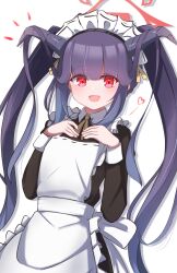 Rule 34 | 1girl, absurdres, alternate costume, alternate hairstyle, apron, black dress, black horns, blue archive, commentary, demon horns, dress, dutch angle, fang, fuuka (blue archive), hair on horn, halo, hands on own chest, heart, highres, horns, long sleeves, looking at viewer, maid apron, maid headdress, moko sha (wao ko), open mouth, red eyes, red halo, sidelocks, simple background, skin fang, solo, twintails, white background