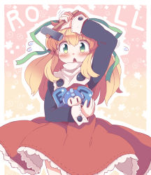 1girl 1up :o blonde_hair blush character_name clothes_lift commentary_request cowboy_shot dress dress_lift energy_tank female_focus floral_background flying_sweatdrops frilled_dress frills gradient_background green_eyes green_ribbon hair_ribbon hand_on_own_forehead holding long_hair long_sleeves looking_at_viewer mega_man_(classic) mega_man_(series) motion_lines open_mouth outline red_dress ribbon roll_(mega_man) sidelocks solo standing takahero turtleneck two-tone_background white_outline wind wind_lift |_|