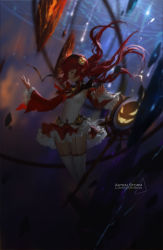 00s 1girl blurry breasts closed_eyes depth_of_field detached_sleeves dungeon_and_fighter elementalist_(dungeon_and_fighter) female_focus female_mage_(dungeon_and_fighter) garter_straps highres long_hair magic_circle meteor red_hair small_breasts solo staff swd3e2 white_legwear