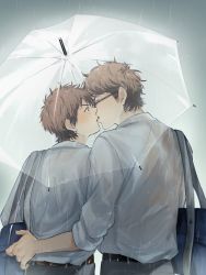 2boys absurdres ace_of_diamond back bag belt black_pants blush brown_eyes brown_hair closed_eyes glasses hand_on_another&#039;s_back highres holding holding_umbrella iramiikaiiri kiss miyuki_kazuya multiple_boys outdoors pants rain sawamura_eijun school_bag school_uniform shared_umbrella shirt short_hair sideburns transparent transparent_umbrella umbrella water_drop wet wet_clothes white_shirt yaoi