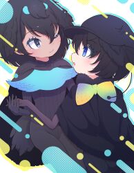 2girls absurdres antennae bird_girl bird_tail bird_wings black_cape black_eyes black_hair black_sweater blue_bow blue_bowtie blue_eyes blush bow bowtie cabbie_hat cape gloves gothic_luck gradient_bow gradient_bowtie hair_between_eyes hat head_wings highres kemono_friends kemono_friends_3 long_sleeves looking_at_viewer luichan multicolored_bow multicolored_bowtie multiple_girls open_mouth pantyhose puffy_shorts short_hair shorts smile solo superb_bird-of-paradise_(kemono_friends) sweater tail western_parotia_(kemono_friends) wings yellow_bow yellow_bowtie