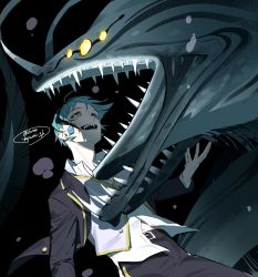 air_bubble black_hair brothers bubble collared_shirt eel eel_boy floyd_leech green_hair heterochromia highres jacket jade_leech long_sleeves male_focus multicolored_hair night_raven_college_uniform open_mouth sharp_teeth shirt siblings smile streaked_hair take_bayashi_3d teeth twisted_wonderland underwater water white_shirt yellow_eyes