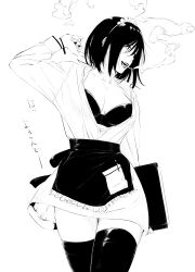 1girl absurdres apron bracelet breasts cigarette cleavage highres jewelry kakitama maid_headdress medium_breasts notepad original revealing_clothes short_hair skirt smile thighhighs thighs unbuttoned walking white_background