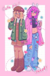 Rule 34 | 2girls, :o, alternate skin color, animal charm, animal ear headphones, animal ears, aubrey (birthday) (omori), aubrey (faraway) (omori), aubrey (omori), back-to-back, basil (birthday) (omori), basil (faraway) (omori), basil (omori), black shirt, blue bow, blue eyes, blue nails, blue pants, blue ribbon, blue shoes, blush, body freckles, boots, border, bow, braid, breasts, brown boots, brown hat, brown overalls, brown socks, cardigan, closed mouth, clothes writing, collared shirt, colored eyelashes, commentary, copyright name, crop top, cropped shirt, dark-skinned female, dark skin, denim, donuqx, english text, fake animal ears, fingernails, floral print, flower, forest bunny? (omori), freckles, genderswap, genderswap (mtf), green cardigan, hair bow, hair flower, hair ornament, hair over shoulder, hand up, hat, headphones, heart, highres, holding, holding hands, holding phone, hood, hood down, hooded cardigan, jeans, knee boots, kneehighs, lace-up boots, long hair, midriff, mole, mole under eye, mole under mouth, mr. plantegg (omori), multicolored nails, multiple girls, nail polish, navel, newsboy cap, official alternate costume, official alternate hairstyle, omori, open cardigan, open clothes, open mouth, outline, outside border, overalls, pants, phone, pink border, pink cardigan, pink flower, pink hair, pink nails, pocket, polka dot, polka dot background, purple nails, rabbit ear headphones, ribbon, shirt, shoes, simple background, single bare shoulder, sleeveless, sleeveless shirt, small breasts, smile, socks, star (symbol), symbol-only commentary, torn clothes, torn jeans, torn pants, twin braids, twitter username, white background, white outline, white shirt, yellow nails