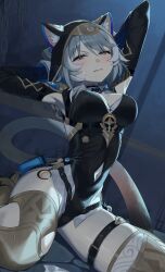 1girl absurdres animal_ear_fluff animal_ears animal_hood armpit_cutout armpits arms_behind_head black_leotard blue_eyes boots breasts cat_ears cat_girl cat_hood cat_tail cipher_(honkai:_star_rail) clothing_cutout commentary english_commentary grey_hair hair_between_eyes highres honkai:_star_rail honkai_(series) hood large_breasts leotard light_blush mole open_mouth short_hair_with_long_locks solo_focus sweatdrop syhan tail thigh_boots thigh_strap thighs